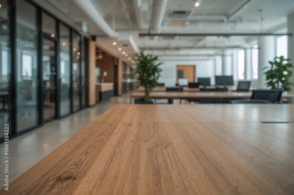 Fototapeta premium Blurred view of a contemporary office environment, showcasing a sleek workspace and collaborative area, reflecting a modern way of living.