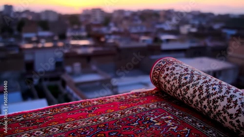 Rolled Persian Rug on Rooftop at Sunset with Cityscape.