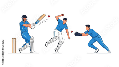 Cricket Action in Play: This dynamic illustration captures the essence of cricket. Showcasing a batsman hitting the ball, a bowler in motion, and a fielder making a catch.