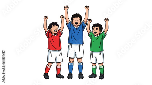 Triumphant Young Soccer Players Celebrate: Three energetic young soccer players stand proudly, their arms raised high in a display of exuberant victory, symbolizing teamwork, dedication.