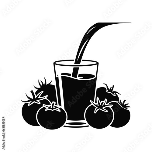 Fresh tomato juice being poured into a glass surrounded by ripe tomatoes