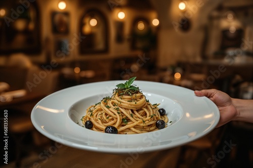 A hand presenting a dish of...