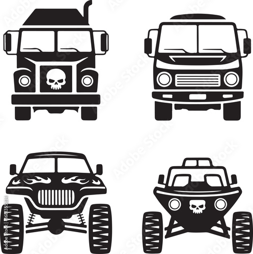 Four black silhouette off road vehicles and trucks with skull designs monster truck dune buggy