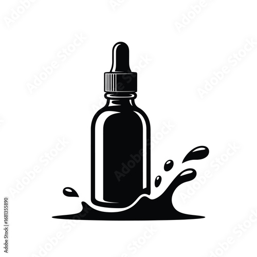 Black dropper bottle with dark liquid splashing out