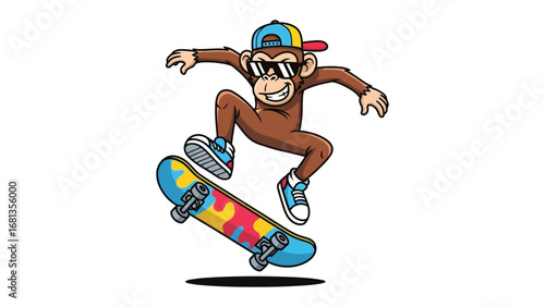 Monkey Skateboard: A cool monkey confidently rides a vibrant skateboard, wearing sunglasses and a cap, performing tricks with dynamic energy and playful vibes. 