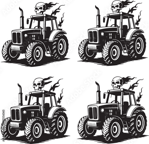 Four black silhouette tractors with skull and flame designs farm vehicle agriculture