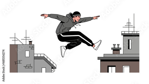 City Acrobatics: A daring individual executes a parkour leap between urban rooftops, showcasing skillful agility and determination, set against the backdrop of an illustration.