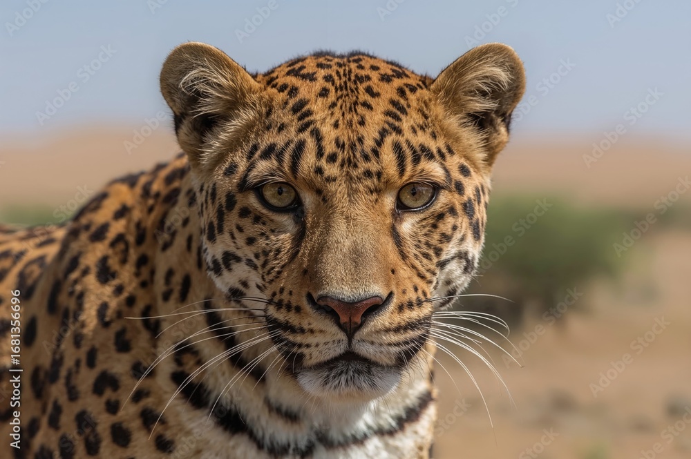 Obraz premium Close-up portrait of a wild big cat known as Panthera pardus saxicolor in its natural habitat.