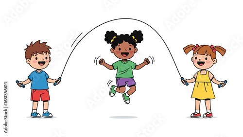 Playtime Jump: Joyful kids in a vibrant illustration revel in the simple pleasures of a skipping rope game. Showcasing the innocence of youth and active enjoyment