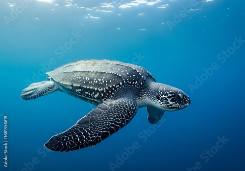 A majestic leatherback sea turtle rests on a sandy beach at sunset, with gentle waves lapping at the shore under a warm, golden sky.

