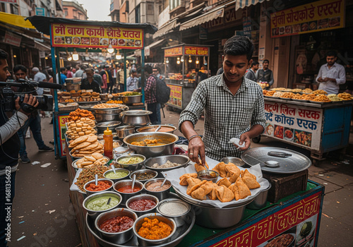 A street food vendor in an Indian market expertly prepares a fresh batch of samosas and other traditional snacks, surrounded by a vibrant array of colorful sauces and condiments.