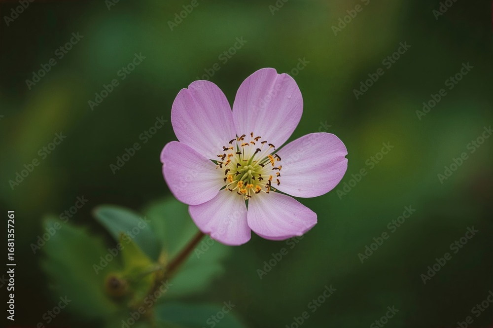 Obraz premium Bright pink blossom featuring yellow and black stamens against a lush green backdrop