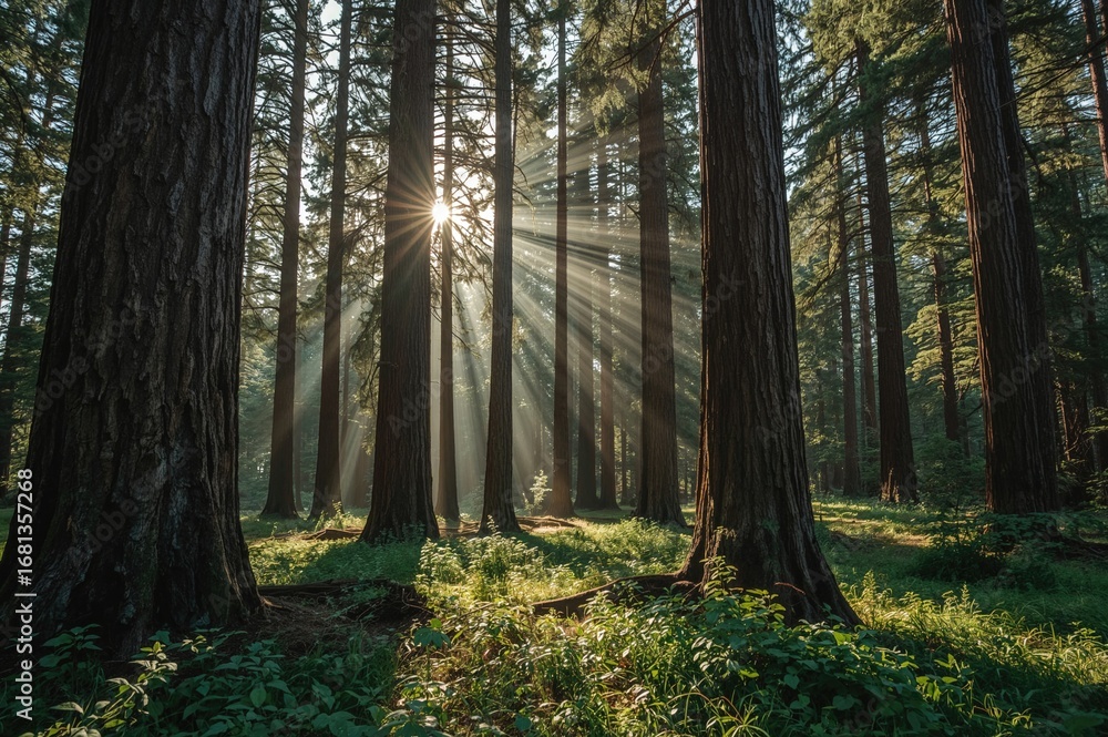 Fototapeta premium Sun rays pierce through giant trees, lighting up the vibrant green forest floor in a tranquil woodland setting.