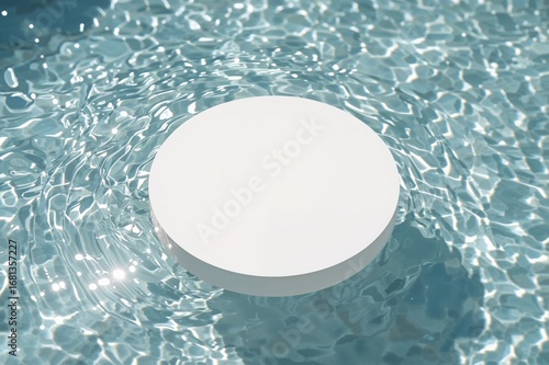 Blank white circular platform on still water surface with ripples and sunlight reflections. Abstract natural backdrop for product showcase. Top view cosmetic display, space for text