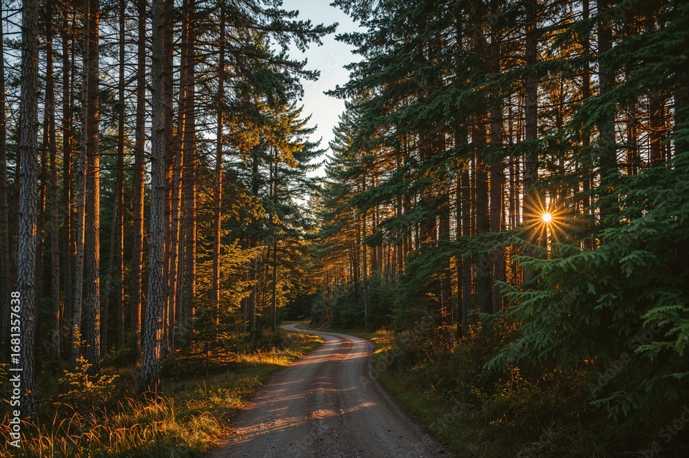 Fototapeta premium Trail through a dense evergreen forest at dusk in a protected northern woodland area.