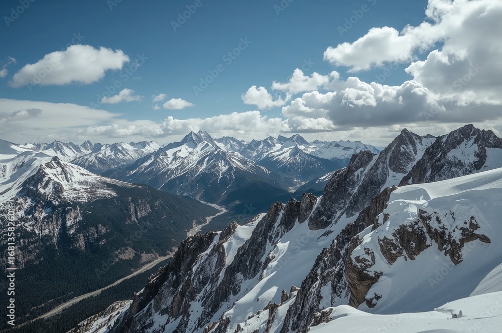 Obraz premium View from above of a beautiful snowy valley with rocky terrain beneath the sky