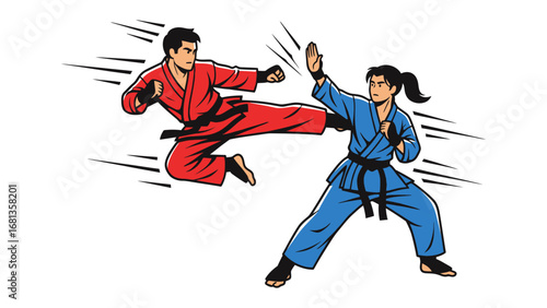 Karate Demonstration: Dynamic karate demonstration showcasing precise movements and powerful techniques between two martial arts practitioners. 