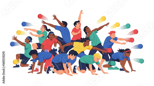 Dodgeball Dynamics: A dynamic illustration captures a flurry of motion as diverse athletes engage in a spirited game of dodgeball, embodying the energy and teamwork.