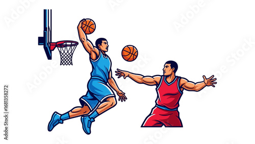 Basketball Action: A dynamic illustration captures a basketball player's gravity-defying dunk, with an opponent attempting to block, emphasizing athletic prowess and competitive spirit.