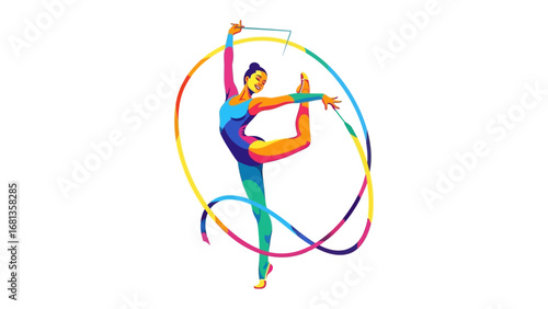 Artistic Rhythm and Grace: A vibrant gymnast performing with a ribbon. The image captures a moment of dynamic artistry and poise, celebrating the beauty of motion and skillful athleticism.
