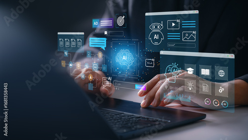 Generative artificial intelligence concept. AI agent interface on laptop with user typing prompts in digital workspace, machine learning processes, data analysis, chatbot for innovation and automation