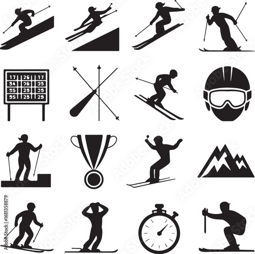 Skiing and Winter Sports Icons in Silhouette Style skier ski poles