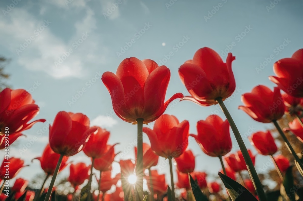 Obraz premium Vibrant red and pink tulips captured from below at sunset with a gentle, dreamy filter and a very shallow depth of field