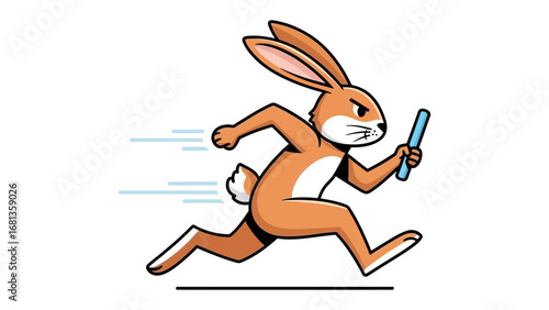 Running Rabbit Relay: A determined, cartoon rabbit sprints in a relay race, clutching a baton, representing speed, teamwork, and competitive spirit.
