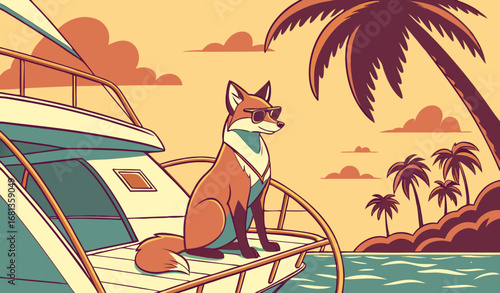 A stylish fox wearing sunglasses, sitting on a luxury yacht with a tropical background, cinematic sunset lighting, photorealistic and fashionable stock image style."