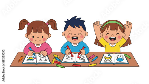 Creative young minds: A vibrant illustration showing three young children at a table, engrossed in coloring activities, reflecting the innocence and imagination of childhood. 