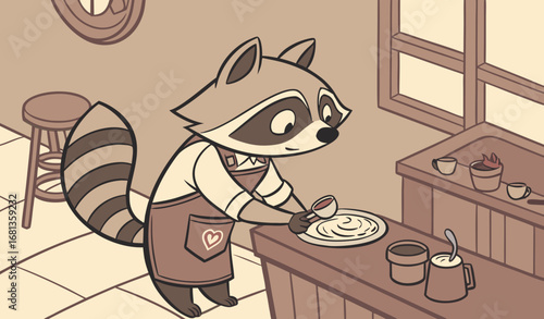 A raccoon barista making latte art in a cozy café, soft warm lighting, shallow depth of field, cinematic detail, photorealistic and charming stock image style."