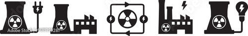 Nuclear energy icons, black silhouette style, cooling tower, radiation symbol, electricity generation, power plant infrastructure, atomic cycle, energy usage