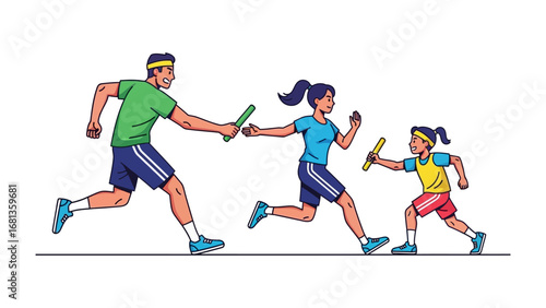 Family Relay Race: A family participates in a relay race, focusing on teamwork, speed, and the joy of athletic competition, highlighting values of togetherness and healthy activity.