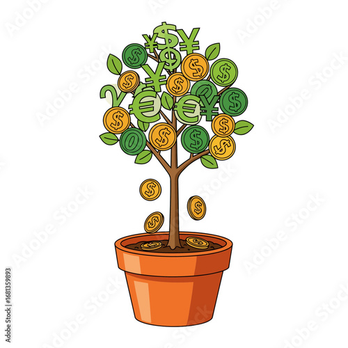 A cartoon vector of a money tree in a pot, a metaphor for financial growth. A clean illustration with clear lines, perfect for business, investment, and finance projects.