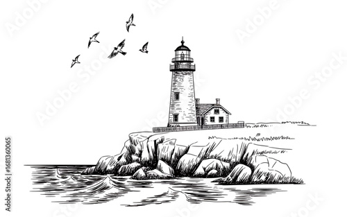 Monochrome Majesty A Coastal Lighthouse Sketch with Birds Aloft