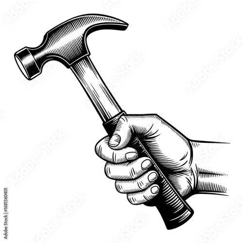 Hand Holding a Hammer Vintage Illustration of Construction Tool, Professional Craftsmanship and Carpentry