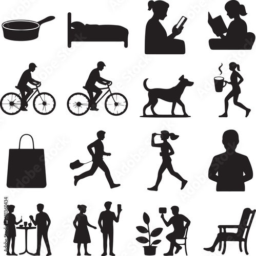 Collection of black silhouette icons depicting daily life activities and objects frying pan