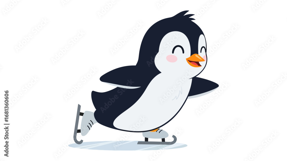 Naklejka premium Joyful Penguin Ice Skating: A cheerful cartoon penguin gracefully glides on ice skates, embodying the sheer joy of winter sports, and illustrating the delights of seasonal fun.
