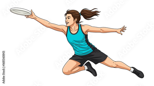  Soaring Athlete and Frisbee: A dynamic athlete leaps to catch a frisbee disc, her form a testament to athleticism, agility, and the pure thrill of sportsmanship.