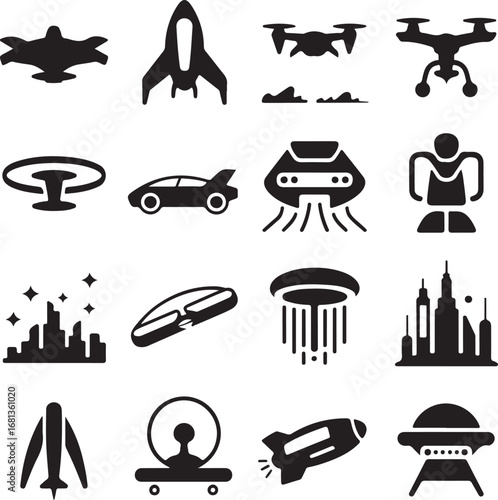 Futuristic transportation and technology icons including spaceships and drones flying saucer