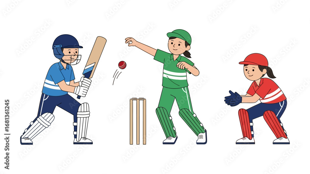 Obraz premium Cricket Kids: Capturing the spirit of cricket, this vibrant illustration showcases young players in action, epitomizing teamwork and sportsmanship on the field.