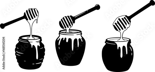 Four honey pots with dripping honey silhouette
 vector illustration isolated on white background 