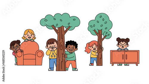 Children's Hide and Seek: A vibrant illustration captures the playful spirit of children during a game of hide-and-seek, where young ones conceal themselves behind objects, trees, and furniture.