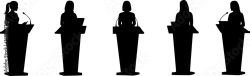 Five women speaking at podium silhouette vector illustration isolated on white background 