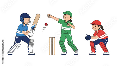 Cricket Kids: Capturing the spirit of cricket, this vibrant illustration showcases young players in action, epitomizing teamwork and sportsmanship on the field.