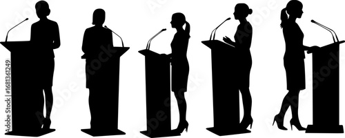 Five women speaking at podium silhouette vector illustration isolated on white background 