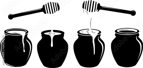 Four honey pots with dripping honey silhouette
 vector illustration isolated on white background 
