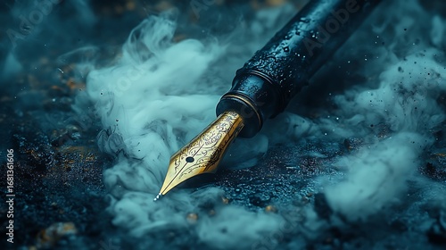 Elegant fountain pen with golden nib surrounded by misty blue smoke photo