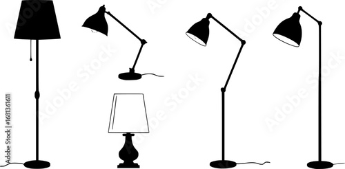 Collection of various table and floor lamp silhouettes vector illustration isolated on white background 