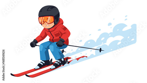 Action on the Slopes: A skier descends the snowy slopes, showcasing skillful technique, speed, and exhilarating motion, encapsulated in dynamic cartoon form.